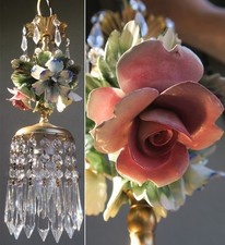 1 Porcelain Chandelier SWAG lamp Capodimonte Roses Flowers Brass tole crystal