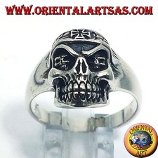 Bague en Argent 925 Tête de Mort Motard avec Croix De Fer