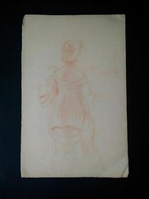 Rare grand dessin original XIXème sanguine femme au piano esquisse portrait 