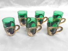 ANTIQUE SÉRIE 6 VERRES CAVE LIQUEUR CRISTAL VERT TASSE SUPPORT METAL DORE GLASS