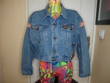 BLOUSON EN JEAN VINTAGE AVIREX COURT MANCHES LARGE AVEC PATCHS  TAILLE L