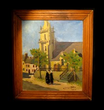 [NORMANDIE MANCHE CHERBOURG BRICQUEBEC] ROLLAND - Huile : Eglise de Rocheville.