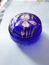 Bonbonnière Boite En Verre Bleu Émaillé Iris Art Nouveau