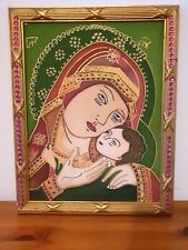 Icône vierge à la tendresse peinte à la main sur bois cadre doré avec perles