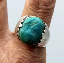 Ancienne Bague Amérindienne ZUNI en Argent Massif et Turquoise Signée T.66