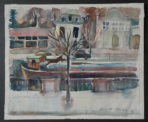 Aquarelle peniche sur canal - ,