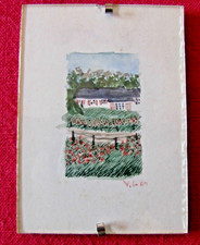 Mini aquarelle signée, paysage 6,5 x 9 cm