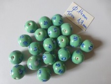 lot de 20 grosses perle vintage  en verre verte à motif bleu MACRAME 14 MM