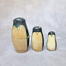 Set De 3 Poupées Pingouins Gigognes - Bois Peint - Vintage