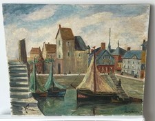 Honfleur (La Lieutenance) - Grande peinture ancienne (1ère partie XX°) signée