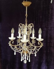 Ancien lustre pampilles perlé gouttes opalines et guirlandes de perles macaroni