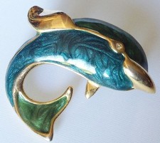 broche bijou rétro couleur or dauphin émail vert solitaire cristal diamant 485