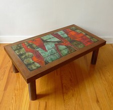 TABLE BASSE EN BOIS MASSIF + CARRELAGE  VINTAGE ANNEES 60 50 DESIGN 1970