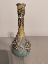 Ancien Vase Soliflore Pate de Verre Décor Relief en Etain Signé 1900
