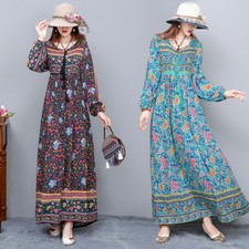 Femme Floral Robe Longue Coton Bohême Ethnique Big Swing Jupe Trapèze Été Rétro