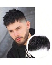 Perruque Homme Noire Courte Synthétique Cheveux Lisses Épais Postiche Avec Clips