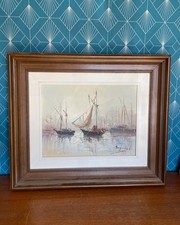 Tableau Huile Marine Port Breton Segrelles 57x47 cm Cadre Bois Années 50