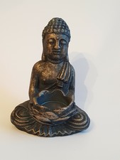 Heavy Cement Buddha Blue Gold Candle Incense Holder Lotus Flower 5 3/4"