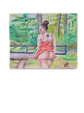 Original 8x10 Inch Inktense Painting Of Nude Woman/Nature