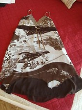 Robe à bretelles imprimée marron et blanche, T40, polyester/élastane, bon état