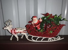 SANTA CLAUS Blow Mold Plastic Sleigh Rudolph Deer Floral Arrangement ❤️wc11h1s