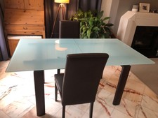 Table à manger 6/8 pers. plateau en verre 90x160 + rallonge bois wengé 90x40