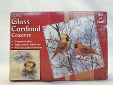 Red Cardinal COASTERS Tempered Glass 4"X 4" Non Skid Feet Set of 4 NEW
