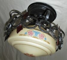 VTG DECO WROUGHT IRON FLUSH MOUNT CHANDELIER CEILING FIXTURE GLASS SHADE 1940'S