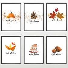 Hello Autumn Tombe Feuille Citrouille Art Aquarelle sans Cadre Poster Imprimé