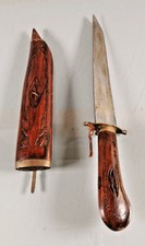 COUTEAU Gigot Manche Etui BOIS Sculpte Verni XXe Decoration Table Gastronomie L