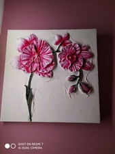 CADRE DÉCO PEINTURE MOULAGE SUR TOILE 38 x 38 cm Fleurs roses. 