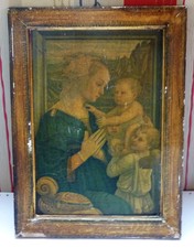TRES ANCIEN ICONE RELIGIEUSE FIN 18EME VIERGE AVEC 2 ANGES PEINTURE SUR BOIS ?