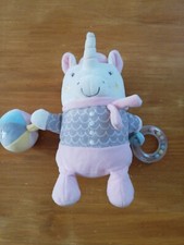 Doudou Peluche Mots D'enfants Licorne Activités Écharpe Anneau Grelot Rose Gris
