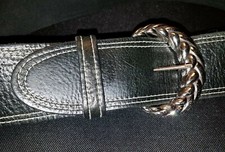 LNWO Chico's M ~ BLACK PEB LEA 2 1/2" WIDE MOROCCAN SCULPTED SILVER BUCKLE BELT