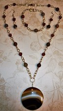 HAND MADE BROWN FANCY JASPER/CRYSTAL NECKLACE W/ONYX AGATE PENDANT/BRACELET/EAR.