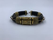 BRACELET ETHNIQUE METAL COULEUR BRONZE CISELE CUIR NOIR ET BOULES D ACIER W60