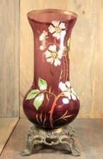 Ancien Vase en Verre Violet Émaillé Legras Fleurs Art Nouveau 1900