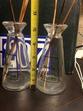 2 VTG Glass Incense Vase FLASK VANILLA SPREADER of ESSENCE RATTAN STICKS Pair A+