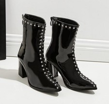 New Womens lady Pointed Toe chunky heels punk Back Zip Rivet Mid-calf Boot Shoes