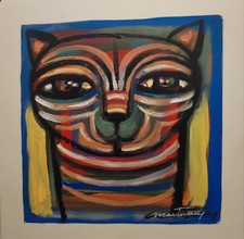 MARTINERY  CHAT C'EST LA TETE AU CARRE. . Acry sur carton bois gf ,40x40 cm