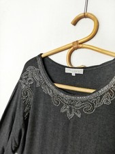 Top Sandro brodé et perlé jersey gris anthracite manches chauve-souris M t-shirt