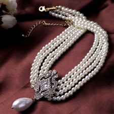 Collier Multirang Chaine Perle Blanc Art Deco Pendantif Goutte Retro Class JD5