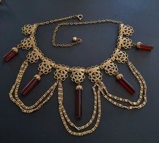 COLLIER Draperie ANCIEN  en métal Plaqué OR et perles de verre Necklace