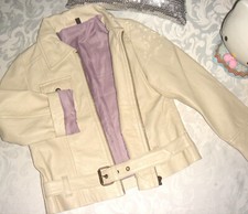 BLOUSON Style Perfecto Cuir Beige Sable doublé satiné violet Ceinture IKKS 5 ANS