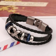 Bracelet pour Homme & Femme en Cuir Corde Tressé Noir Fermoir Acier #1