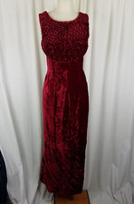 Vintage Usé Rouge Velours Robe Maxi Femmes S Habillé Pompom Texturé Haut Empire