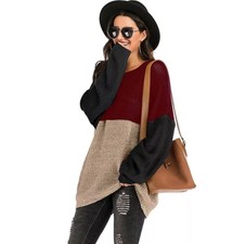 Pull long COTON  col rond décontracté tricolore femme manches bouffantes rouge