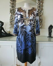 K design Blanc Marine Imprimé Feuille Caftan Style Robe Extensible Avec Perles S