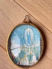 Ancien cadre Religieux Notre dame de Pontmain verre bombé métal doré vintage