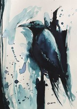ENARA Art deco toile tableau peinture encre signée oiseau Corbeau Sentinelle n°3